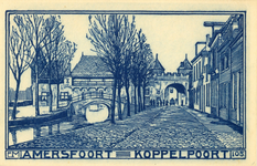 13173 Gezicht op het Spui en de Koppelpoort te Amersfoort uit het zuidoosten; met rechts de voorgevels van de panden ...